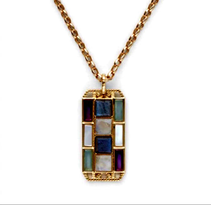 Agete K10 gold necklace charm with multi-stone decorations including labradorite, amethyst, chalcedony, shell, and FE stones