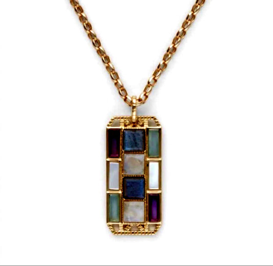 Agete K10 gold necklace charm with multi-stone decorations including labradorite, amethyst, chalcedony, shell, and FE stones
