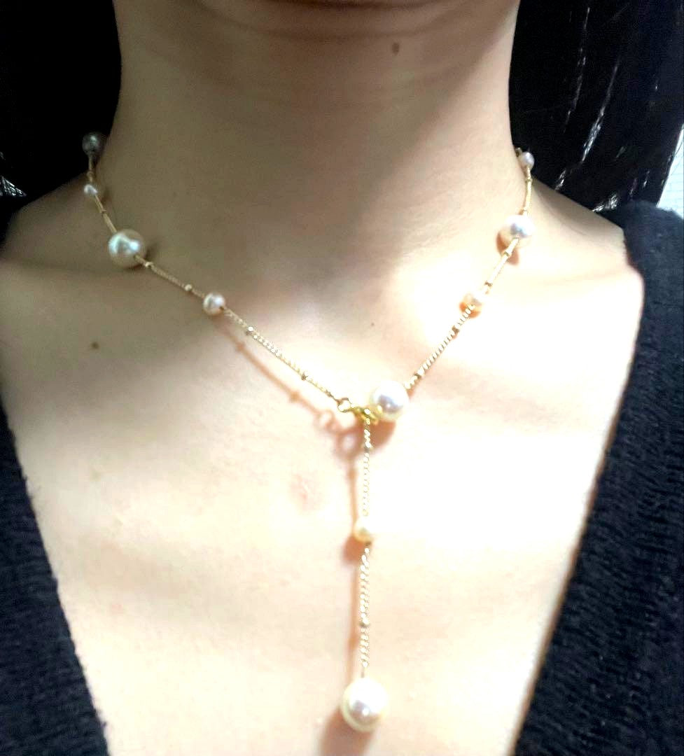 Honpuro Pearl Station Necklace with 7 Akoya pearls and 6 Freshwater pearls on a 45 cm chain