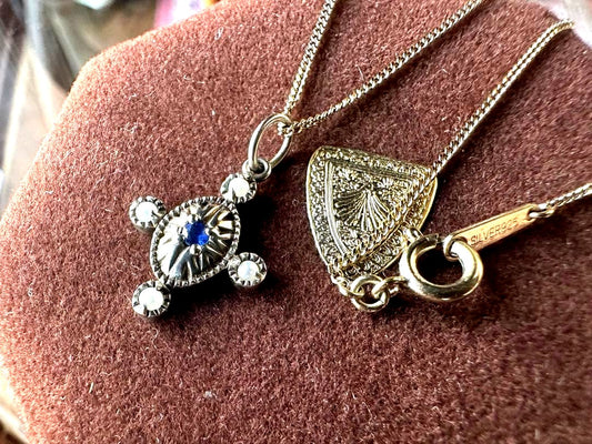 agete silver Pt200 necklace with 42cm silver chain, pearl and sapphire pendant