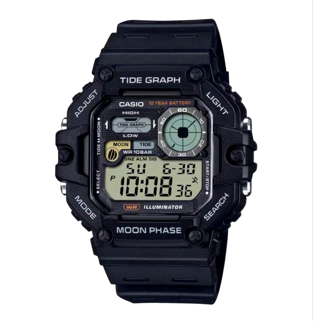 Casio WS-1700H-1AJF digital watch showing moon data and tide graph with LED backlight
