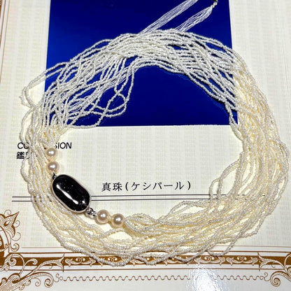 Kewai-Style Akoya Pearl Necklace 51cm length with small 1mm pearls displayed with certificate and jewelry box