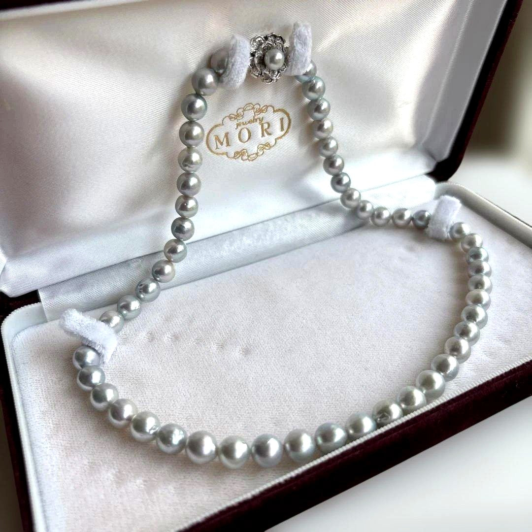 MORI necklace with 7.5mm blue gray Akoya pearls displayed on a white background