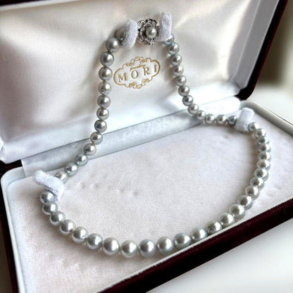 MORI necklace with 7.5mm blue gray Akoya pearls displayed on a white background
