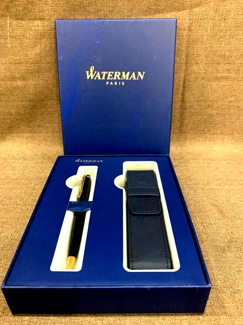 WATERMAN retractable black ballpoint pen with included case showing pen and case exterior