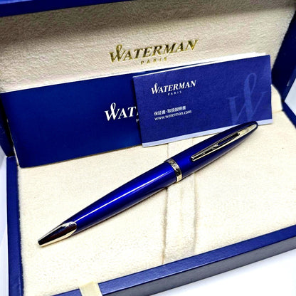 Waterman Kareen Blue ST ballpoint pen with blue barrel and silver accents, 122mm length