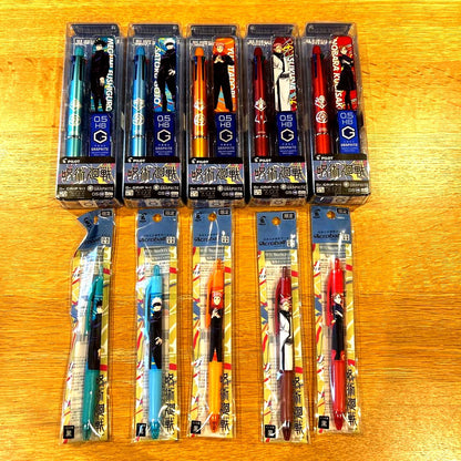 Jujutsu Kaisen themed Dr. Grip 0.5mm ballpoint pen set featuring blue orange and red pens with graphite tips