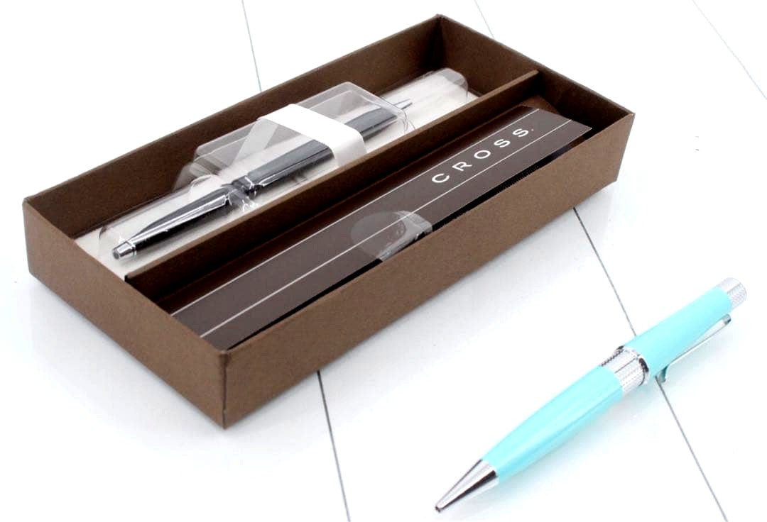 Cross ballpoint pen with light blue body and dedicated protective case