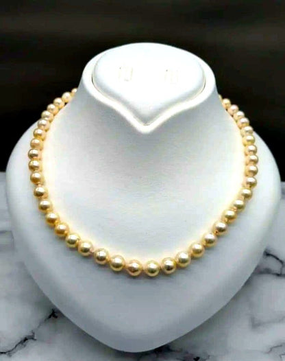Akoya genuine pearl necklace with 7-7.5mm champagne tone pearls and silver clasp, total length 42.3cm