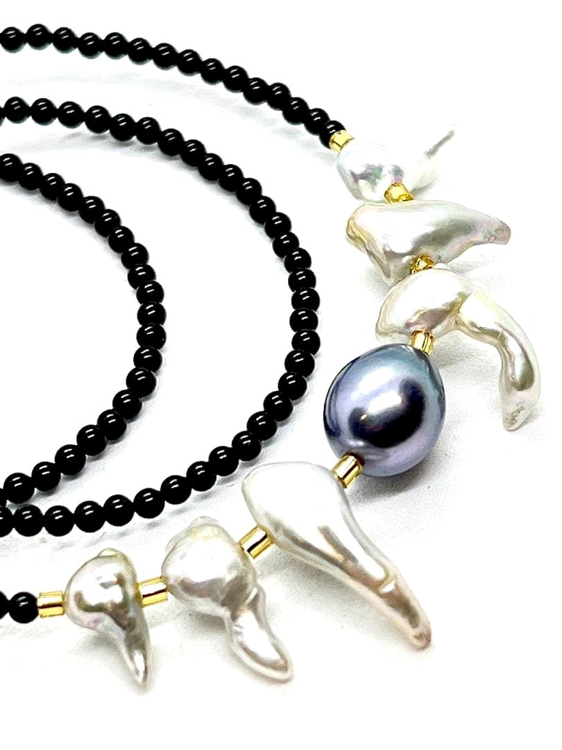 Akoya Pearl Large Round Keshi necklace featuring black pearls and Venezian glass with gold leaf
