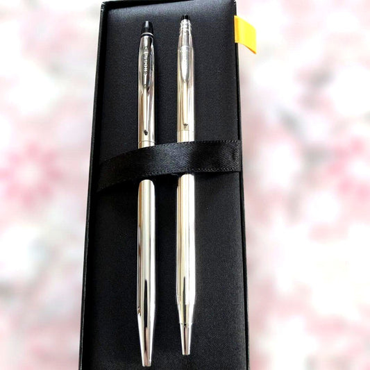 CROSS Ballpoint Pen 2-piece Set in silver with one click type pen and one with 925 silver cap and barrel in a dedicated case