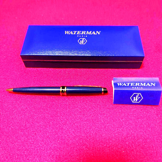 Waterman Expert Essential Pussy Blue GT ballpoint pen with blue resin body and gold trim shown with box and instructions