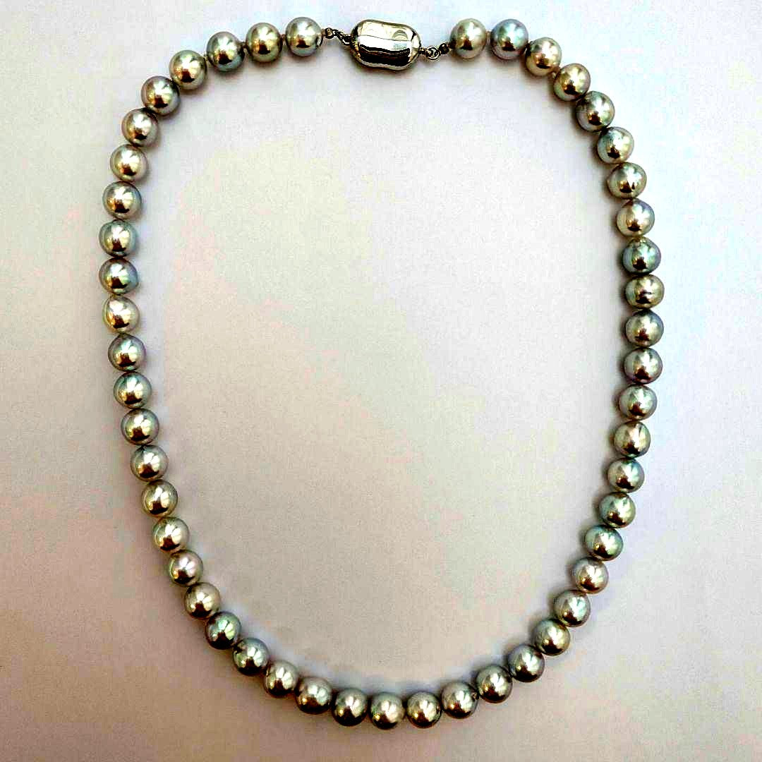 Akoya pearl necklace with natural gray 8-8.5mm round pearls and silver clasp on a white background