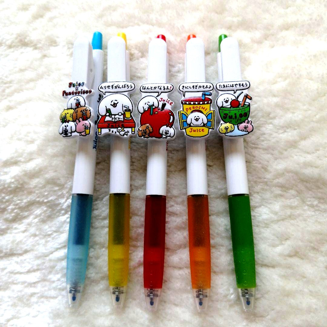 Set of 5 Pilot Juice gel ballpoint pens with black ink and Pantovisco collaboration character clip plates