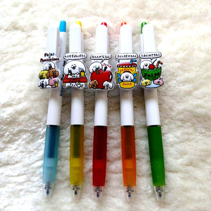 Set of 5 Pilot Juice gel ballpoint pens with black ink and Pantovisco collaboration character clip plates