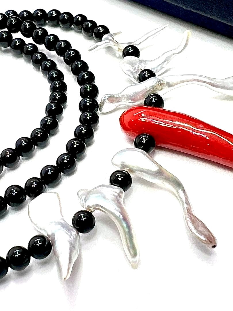 Akoya pearl paste necklace with Italian coral and black tourmaline beads, 42-47mm length