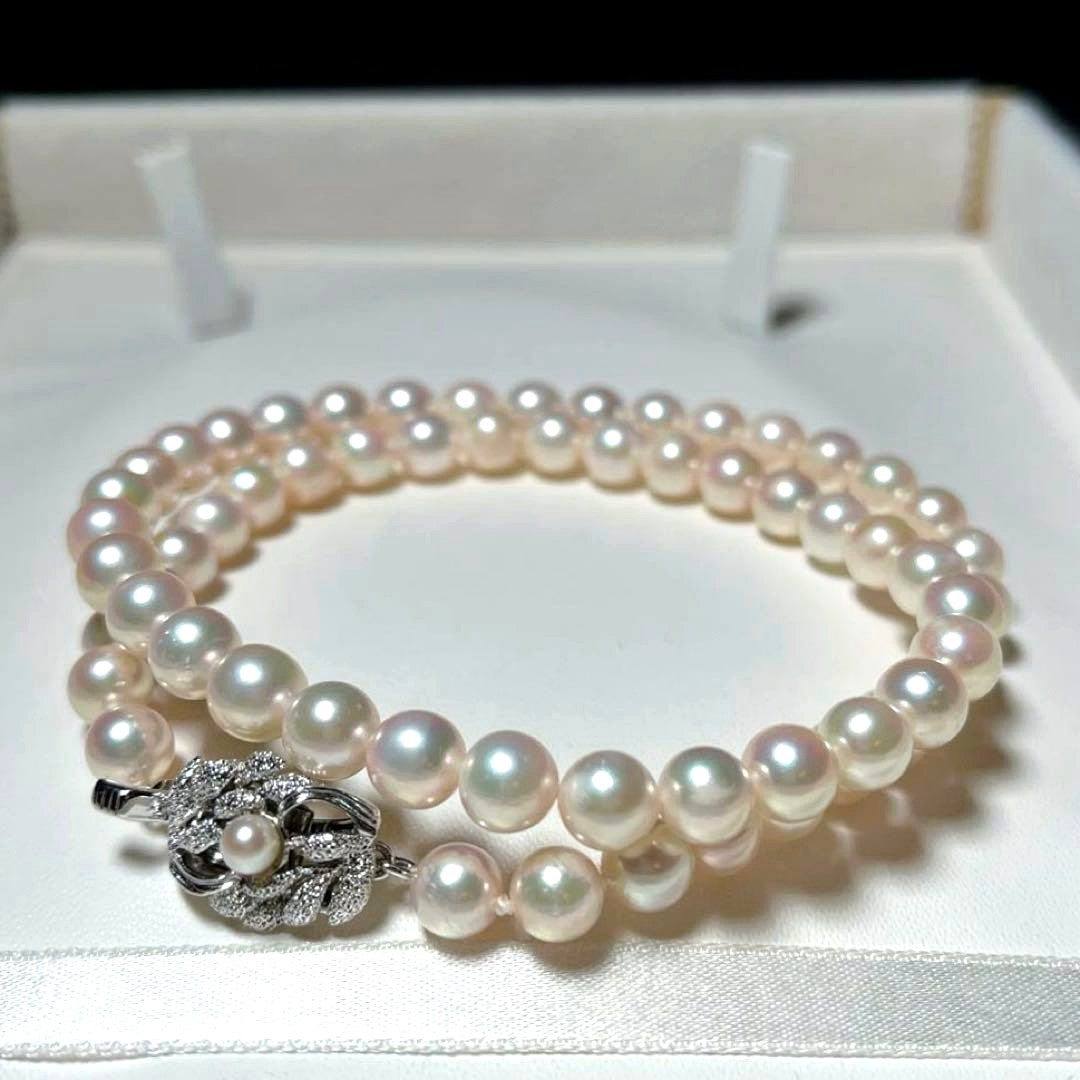 Akoya pearl Hanadama grade necklace 6.5-7.0mm round white pearls with silver chain, 42.5cm length