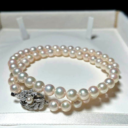 Akoya pearl Hanadama grade necklace 6.5-7.0mm round white pearls with silver chain, 42.5cm length