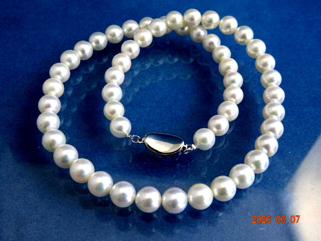 Akoya pearl necklace featuring almost round 7.5-8mm white, pink, blue, and cream pearls with silver clasp