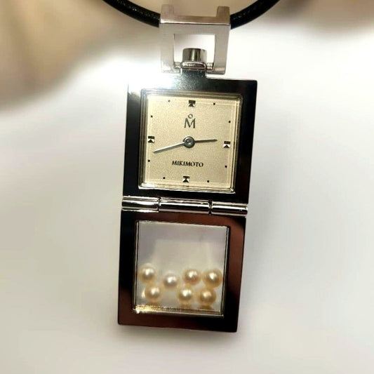 Mikimoto battery operated pendant watch necklace featuring 7 genuine pearls and square design model D1259