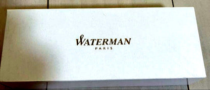 Silver Waterman ballpoint pen with sleek metallic finish shown with its outer box
