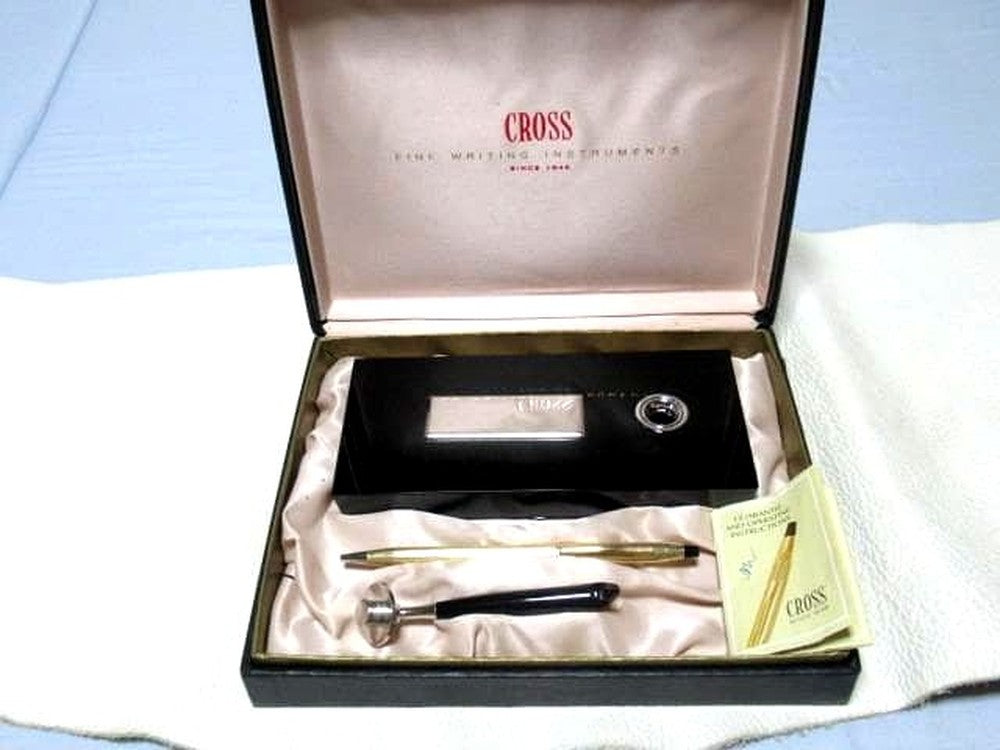 Cross 1980s black glass pen stand with 12K gold filled Century ballpoint pen on display