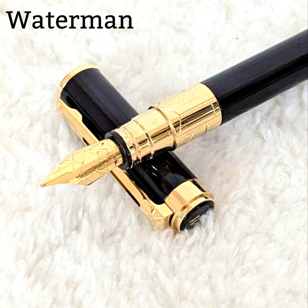 Waterman Perspective Black GT fountain pen with 23k gold plating, 13.5 cm length, shown on white background