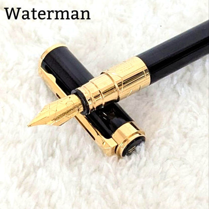 Waterman Perspective Black GT fountain pen with 23k gold plating, 13.5 cm length, shown on white background