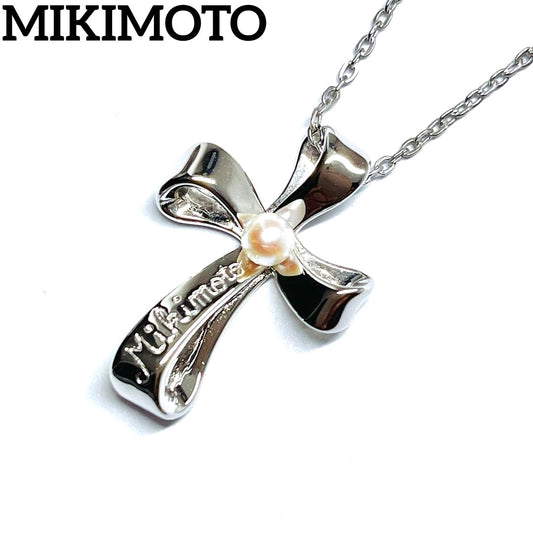 MIKIMOTO pearl necklace with 3.8mm pearls and silver cross ribbon on a 40cm chain