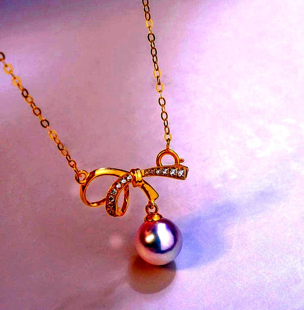 K18YG Akoya pearl necklace pendant with zirconia stones and 40+5 cm gold chain
