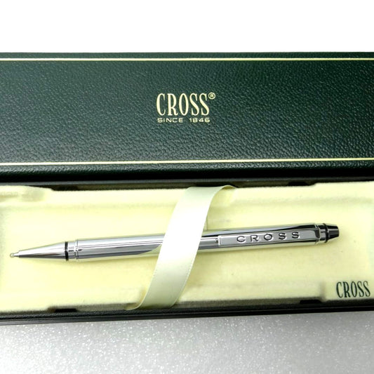 Cross chrome ballpoint pen with box, featuring a sleek metallic finish and Zebra 4C refill