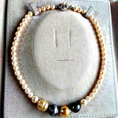 44cm necklace with large 15mm baroque South Sea pearl and 6-8mm Akoya pearls showcasing natural blemishes and luster