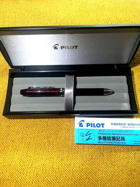 Pilot multi-function pen in wine red with ballpoint and mechanical pencil functions shown with case