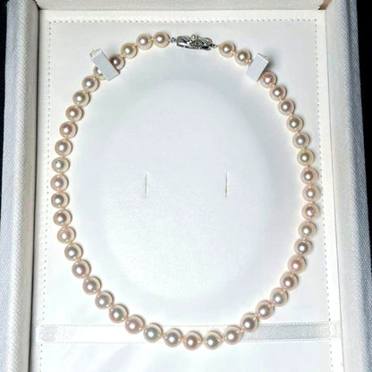Akoya pearl necklace with semi-round pearls sized 7.6 to 8.4 mm on a 43 cm silver stamped strand