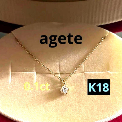 agete K18 gold necklace with 0.1 carat diamond pendant and 40 cm chain on white background