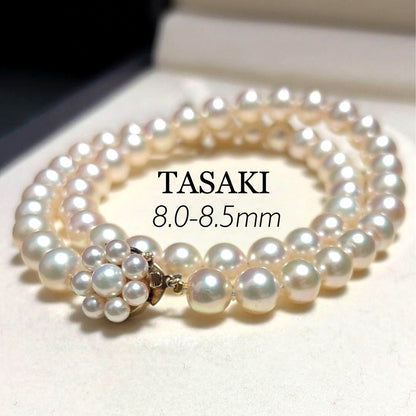 Tasaki Akoya pearl necklace with 8.0-8.5mm pearls and K14 clasp on a white background