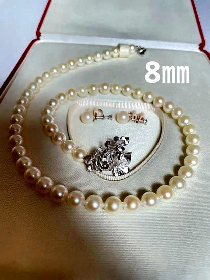Yamato Eternal Elegance pearl jewelry set with 8mm pearls featuring a 48cm necklace and matching earrings