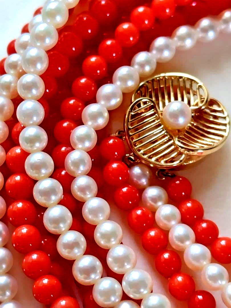 K14 Akoya baby pearl and red coral three-row long necklace with 4-4.5 mm pearls and K14 clasp
