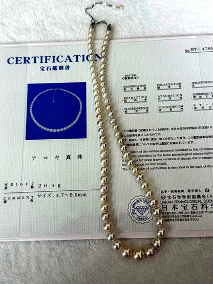 Multi-colored Akoya pearl gradient necklace 4.7-9mm on white background with certificate