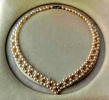 Mirror finish genuine Akoya pearl necklace with 6.2mm drop pearls and S925 silver clasp in V shape