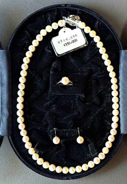 Akoya pearl necklace, platinum ring size 11, and matching earrings set with silver clasp