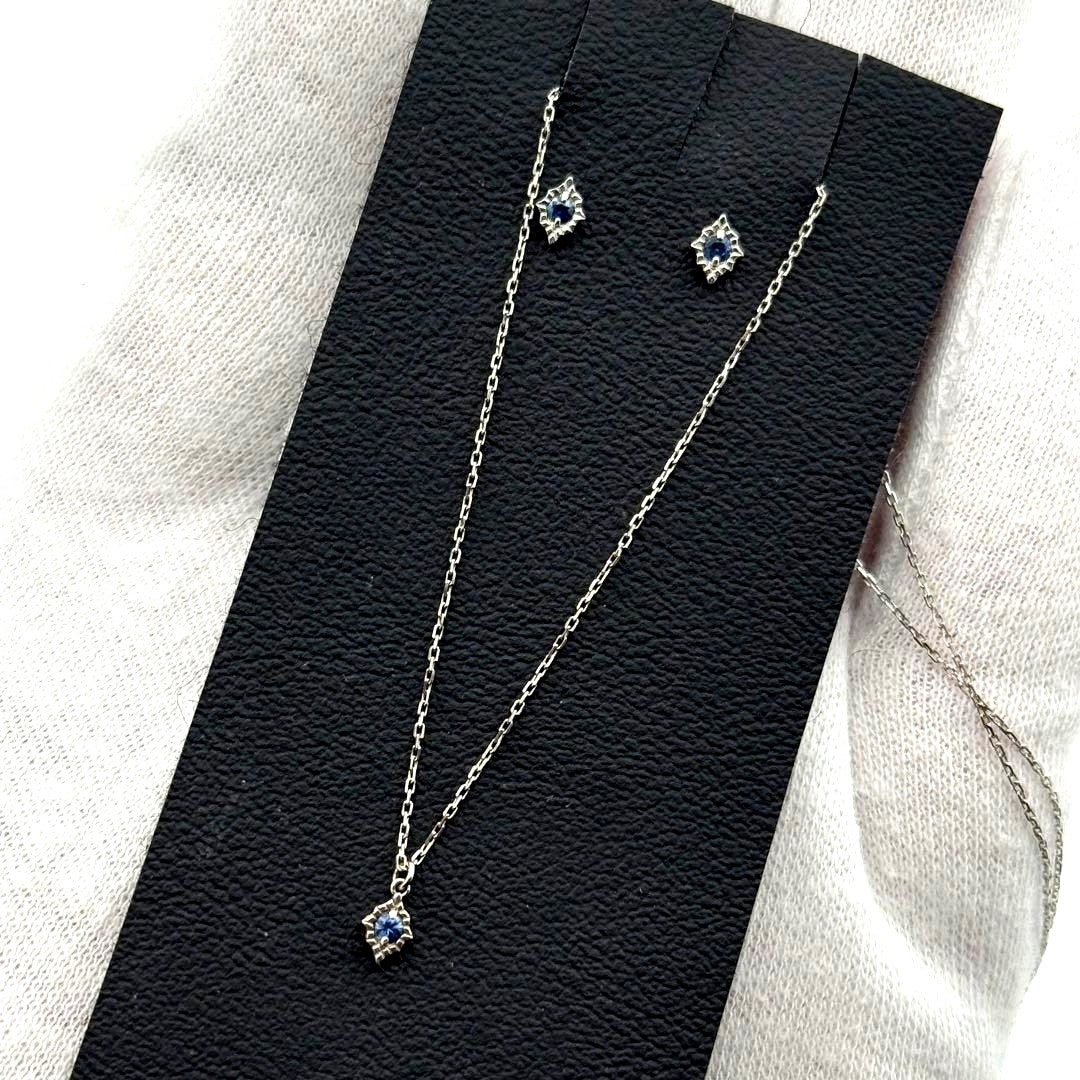 Agete K10WG necklace and earring set featuring blue stones with 40 cm necklace length