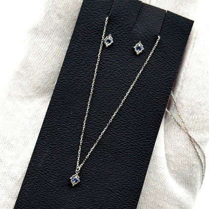 Agete K10WG necklace and earring set featuring blue stones with 40 cm necklace length