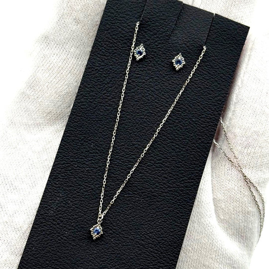 Agete K10WG necklace and earring set featuring blue stones with 40 cm necklace length