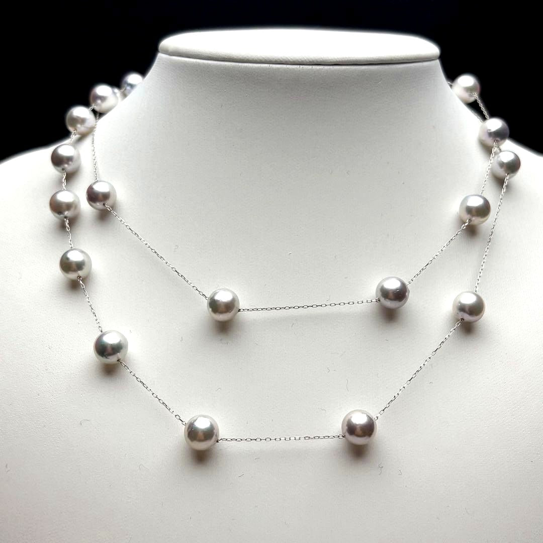 Manta Grade long Akoya pearl necklace with blue pearls and Pt850 clasp, 69cm length