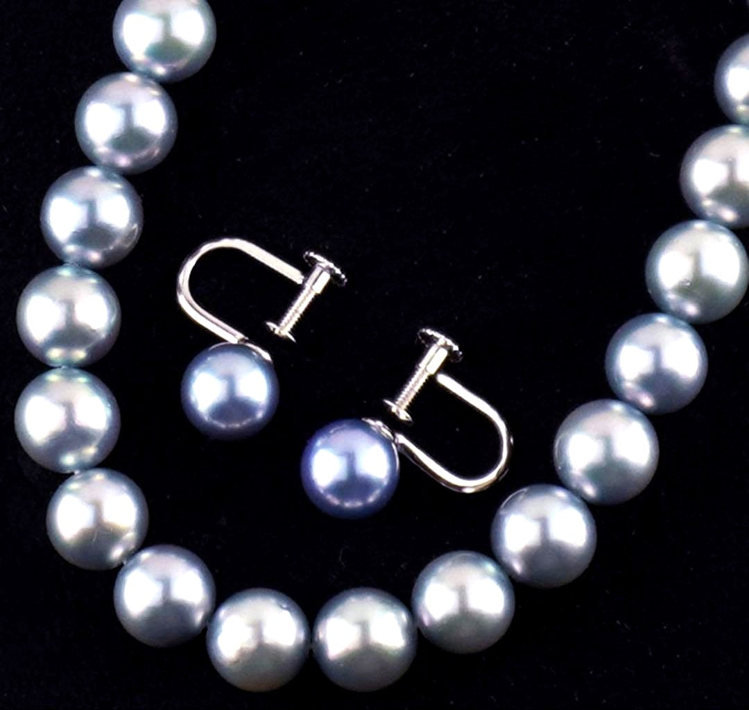 Akoya pearl necklace with 7.0-7.5mm round pearls and matching blue gray K14WG earrings set