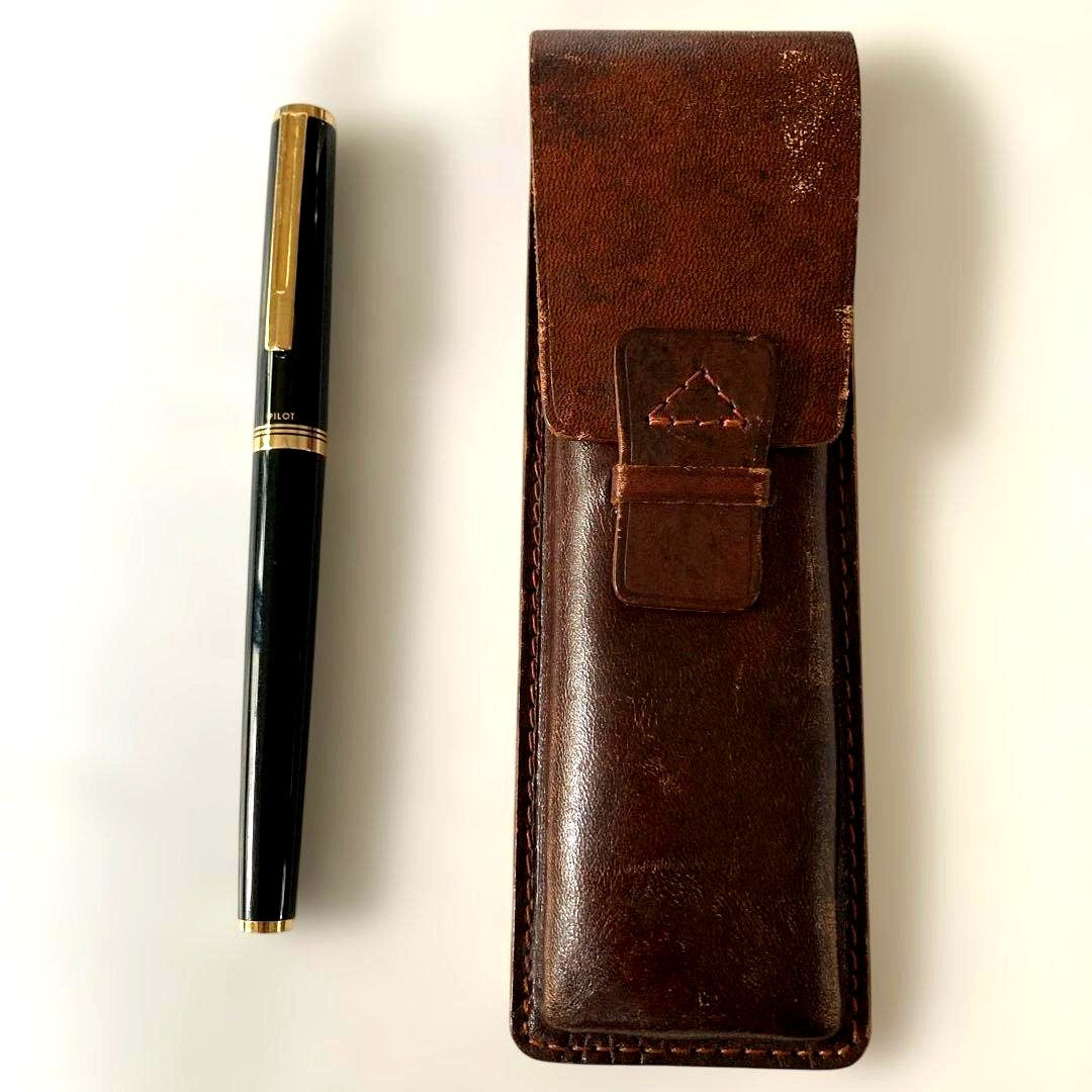 Pilot 14K-585EF black and gold fountain pen with 14K gold nib and black leather pen case