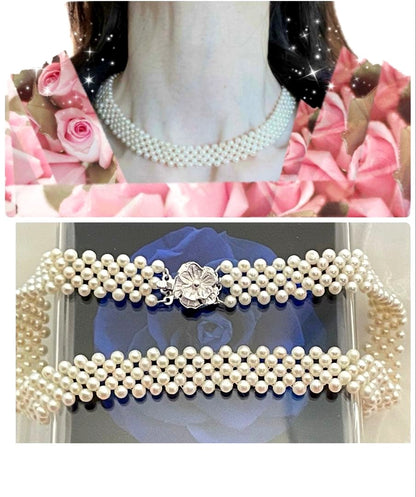 Baby Akoya pearl necklace with 3.5-4mm semi-round white pearls in a 5-row mesh design, approximately 40cm long