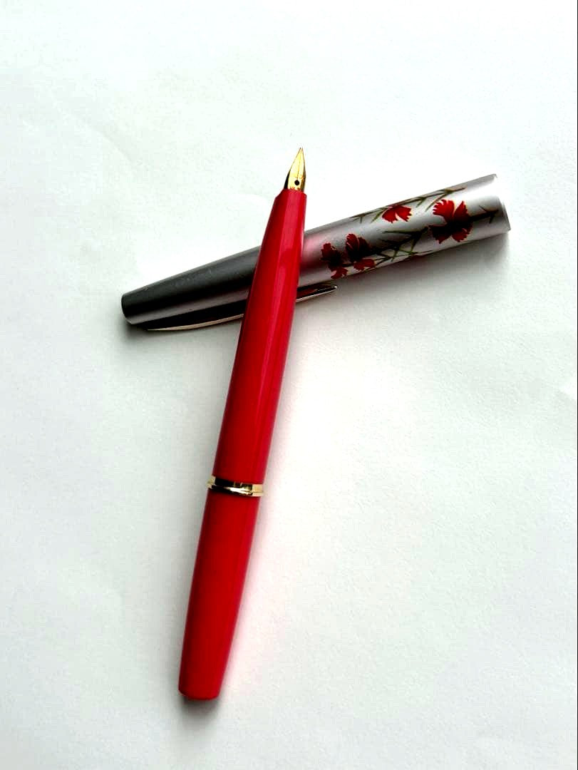 Close-up of PILOT Fountain Pen Model 14K-585 with gold nib and black barrel