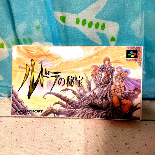SNES Ruda no Hihou game cartridge and box with minor linear marks on the box